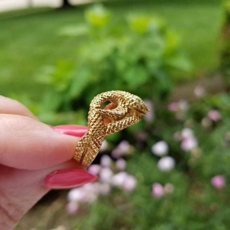 Vintage 18k gold diamond textured snake ring, 1972, unisex, size 9-1/2, English London Assay Office maker marked, 8.2 grams