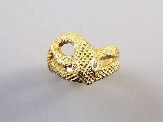 Vintage 18k gold diamond textured snake ring, 1972, unisex, size 9-1/2, English London Assay Office maker marked, 8.2 grams