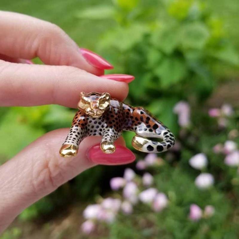 Modern estate 14k gold enamel slide enhancer pendant necklace, spotted big cat, wild cat, leopard, cheetah, jaguar, panther, slider