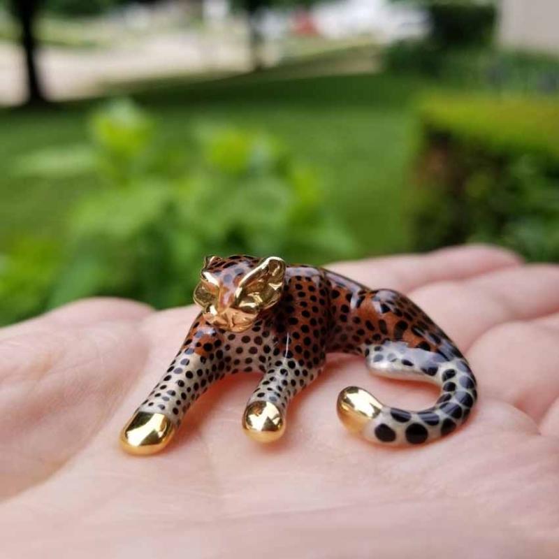 Modern estate 14k gold enamel slide enhancer pendant necklace, spotted big cat, wild cat, leopard, cheetah, jaguar, panther, slider