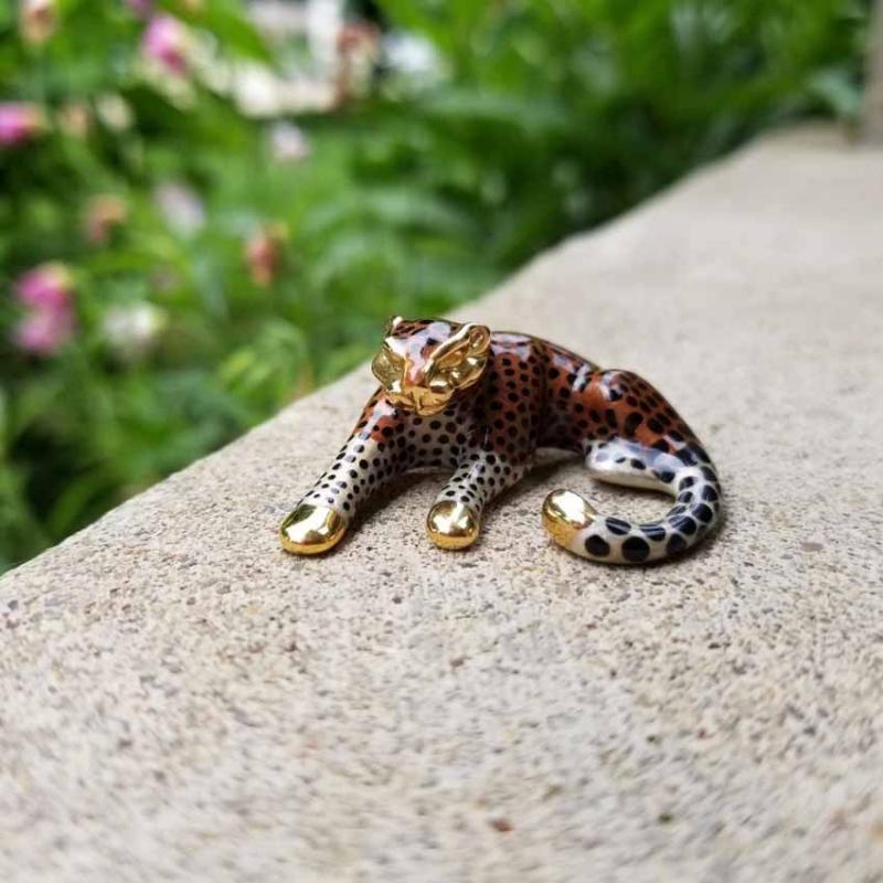 Modern estate 14k gold enamel slide enhancer pendant necklace, spotted big cat, wild cat, leopard, cheetah, jaguar, panther, slider
