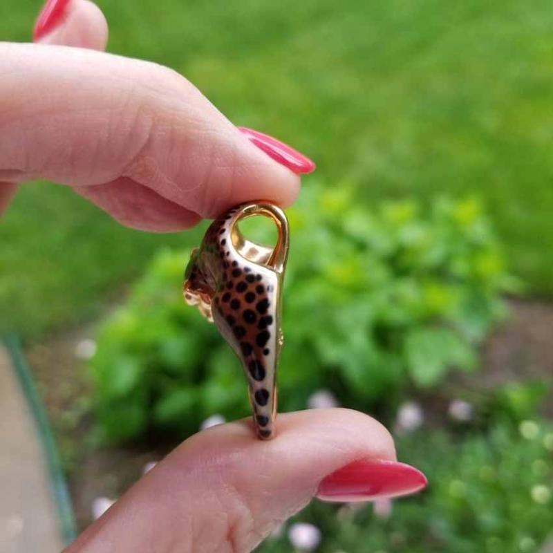 Modern estate 14k gold enamel slide enhancer pendant necklace, spotted big cat, wild cat, leopard, cheetah, jaguar, panther, slider