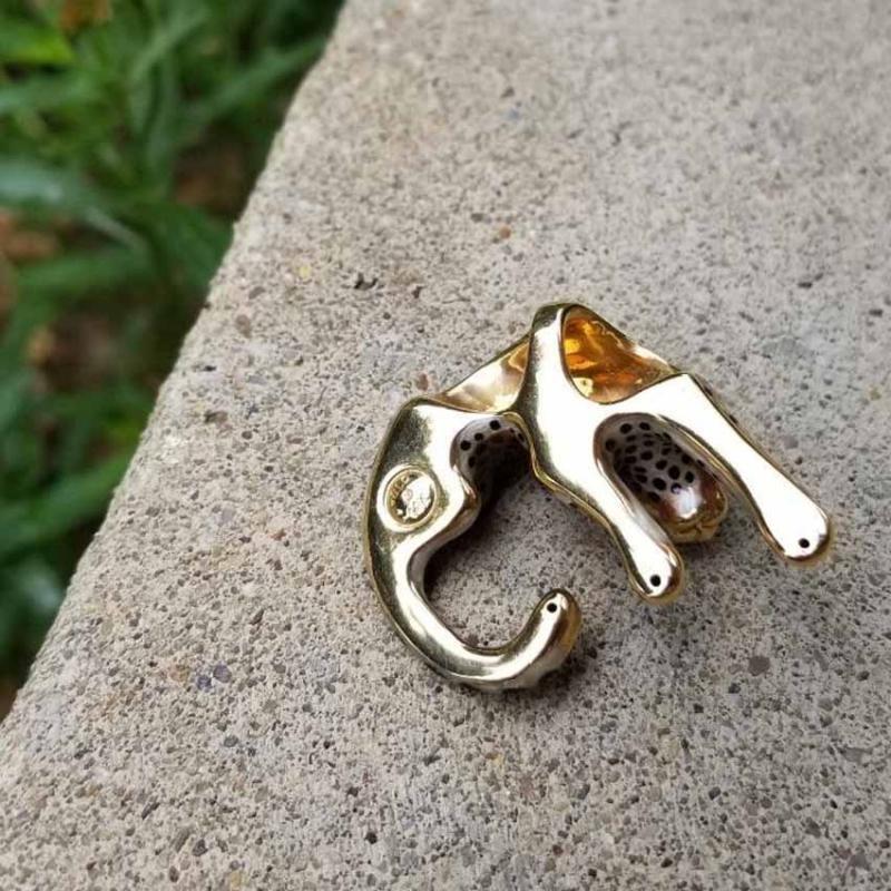 Modern estate 14k gold enamel slide enhancer pendant necklace, spotted big cat, wild cat, leopard, cheetah, jaguar, panther, slider