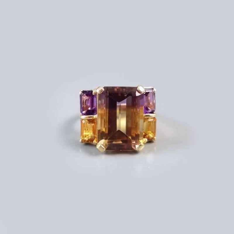 Modern estate 14k gold 9.85 carat total weight ametrine citrine amethyst quartz statement cocktail ring, size 6