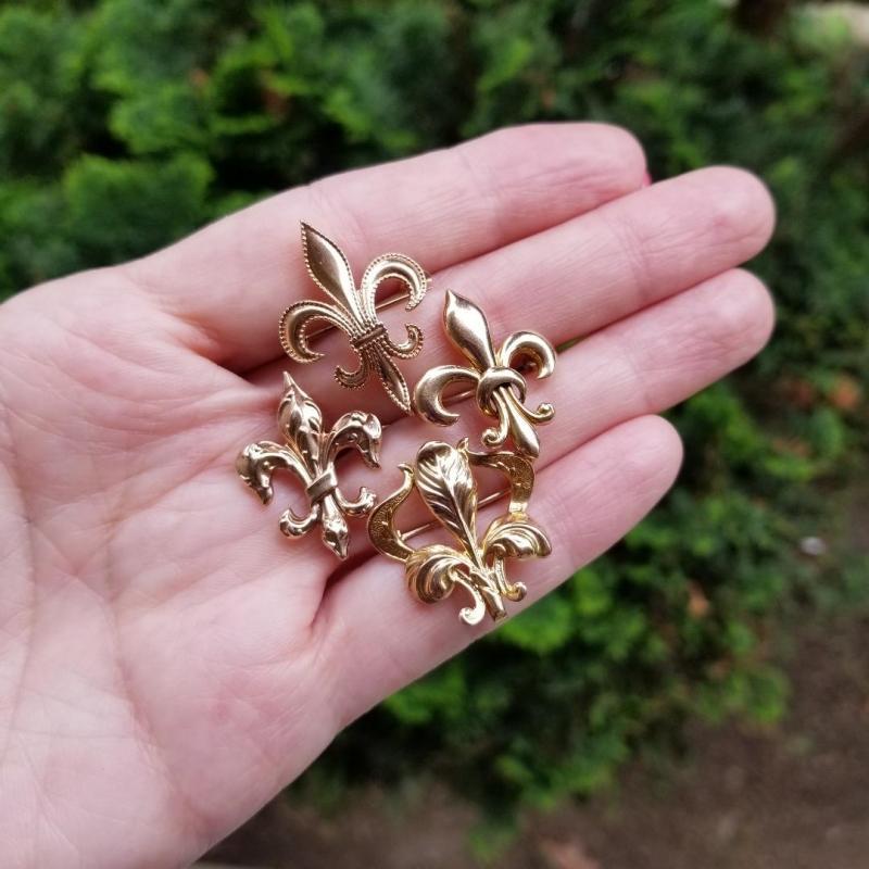 Antique Art Nouveau 14k gold iris flower fleur de lis brooch pin, watch pin, lapel pin, signed Champenois