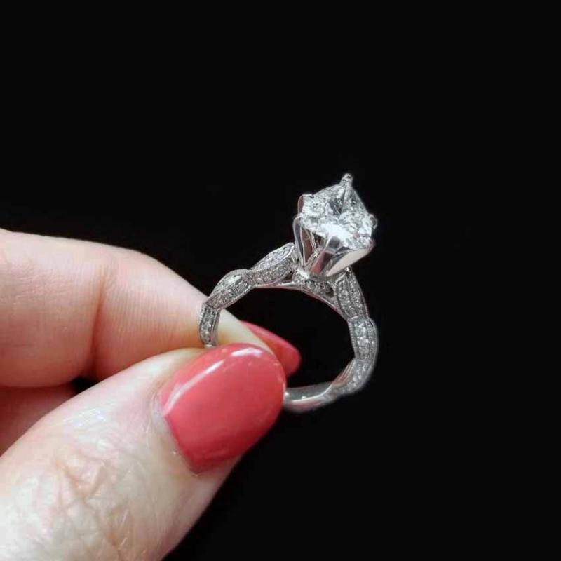 Modern estate diamond engagement ring 14k white gold, platinum head, pear shape 1.91 carat, 82 diamond mounting, 2.75 cttw, GIA cert, SI2/G