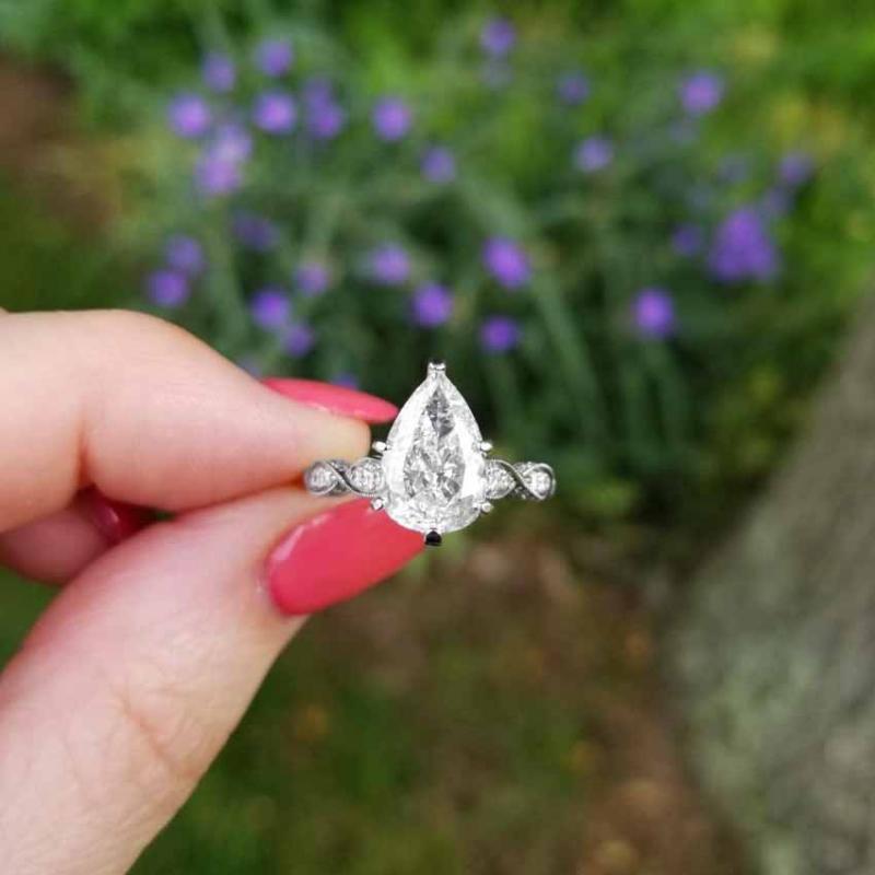 Modern estate diamond engagement ring 14k white gold, platinum head, pear shape 1.91 carat, 82 diamond mounting, 2.75 cttw, GIA cert, SI2/G