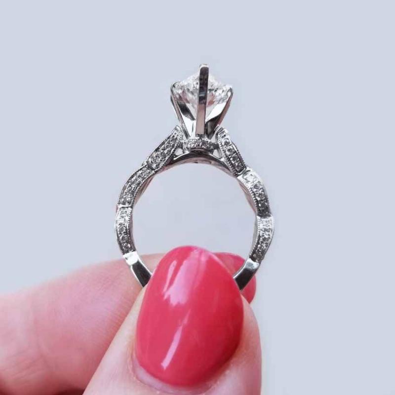 Modern estate diamond engagement ring 14k white gold, platinum head, pear shape 1.91 carat, 82 diamond mounting, 2.75 cttw, GIA cert, SI2/G
