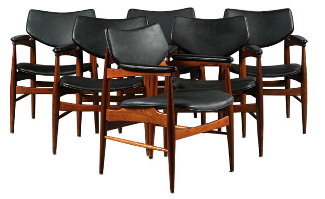 7400 6 mid-century modern labeled Thonet arm chairs with vinyl backs and seats circa 1950