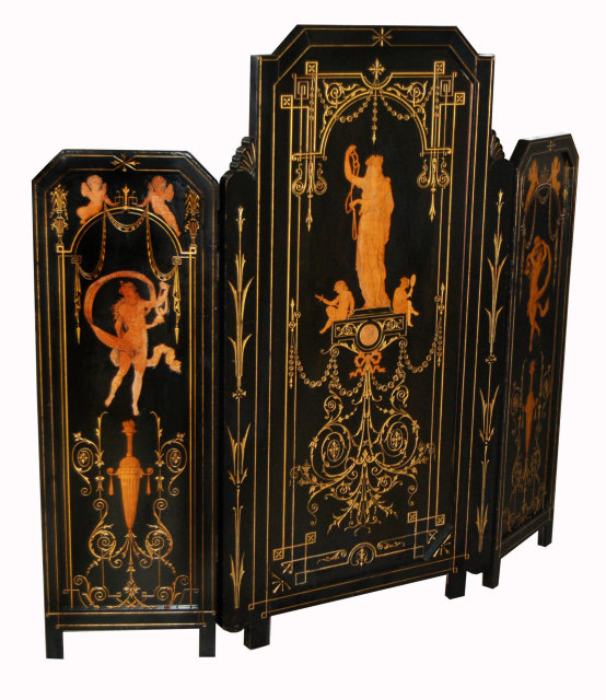 7392 19th C. Figural Inlaid Tri-Fold Ebonized Screen