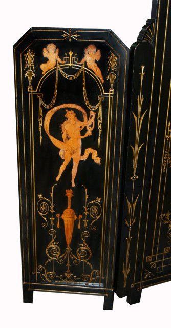 7392 19th C. Figural Inlaid Tri-Fold Ebonized Screen