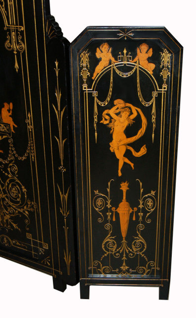 7392 19th C. Figural Inlaid Tri-Fold Ebonized Screen