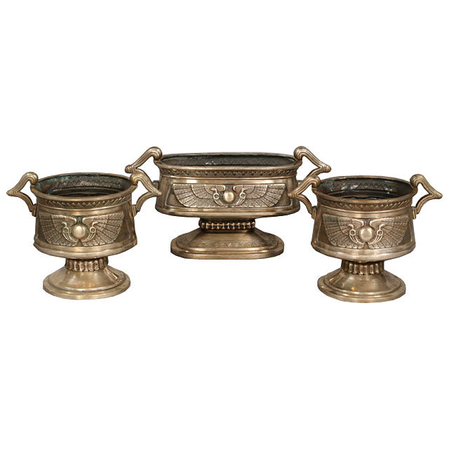 7399 3-piece Egyptian Revival nickel over bronze jardiniere set circa 1920