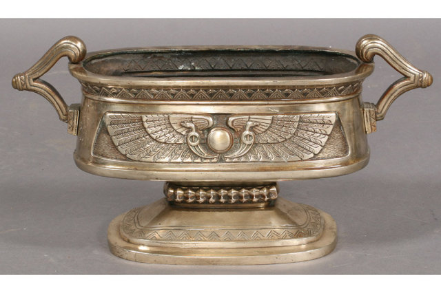 7399 3-piece Egyptian Revival nickel over bronze jardiniere set circa 1920
