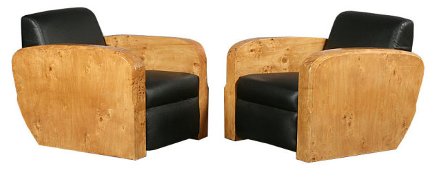 31.7398 Pair of Vintage Art Deco Burled Wood Club Chairs In Black Leather