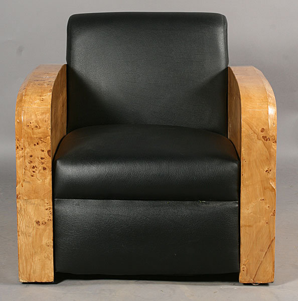 31.7398 Pair of Vintage Art Deco Burled Wood Club Chairs In Black Leather