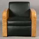 31.7398 Pair of Vintage Art Deco Burled Wood Club Chairs In Black Leather