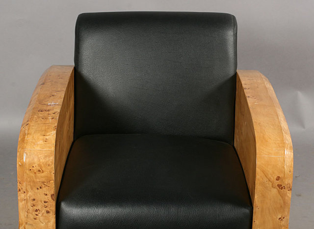 31.7398 Pair of Vintage Art Deco Burled Wood Club Chairs In Black Leather