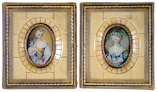75.5018 Beautiful Pair of 19th C. Mini Hand Painted Victorian Women Portraits on Ivory
