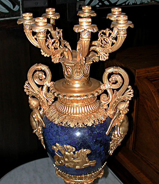 5504 Pair of Bronze & Lapis Lazuli Candelabaras