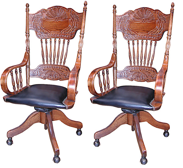 29.4150 Pair of Antique Spindle Back Chairs with Brown Leather Seats & Swivel Base