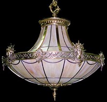 56.645 Cast Bronze & Leaded Glass Canopied Chandelier