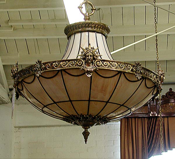 56.645 Cast Bronze & Leaded Glass Canopied Chandelier