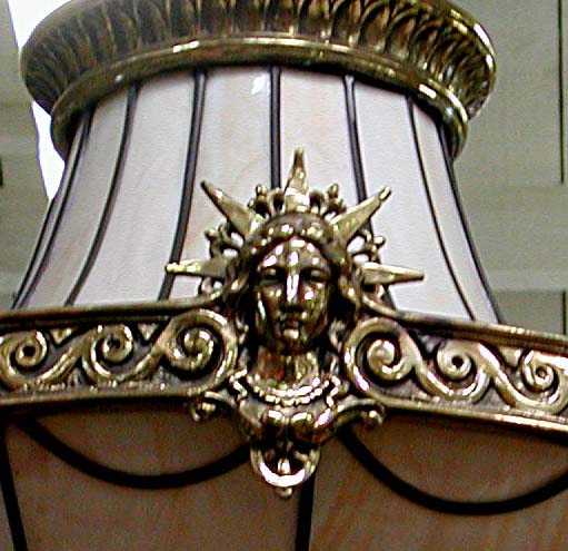 56.645 Cast Bronze & Leaded Glass Canopied Chandelier