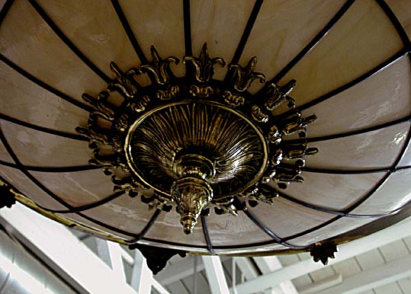 56.645 Cast Bronze & Leaded Glass Canopied Chandelier