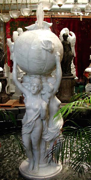 85.496 Solid Carrara Marble Fountain of 3 Graces Holding Globe