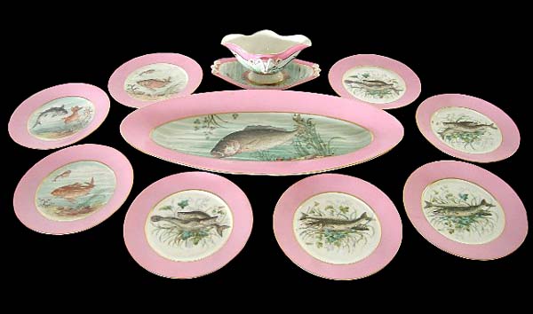 83.5586 Hand Painted 10 Pc. T&V Limoges Fish Plate Set