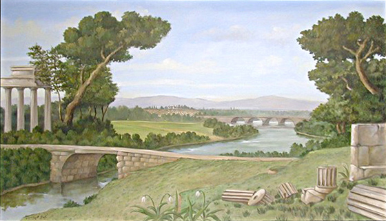 78.5615 Oil on Canvas Mural depicting Ruins Scene Signed: Gerry High