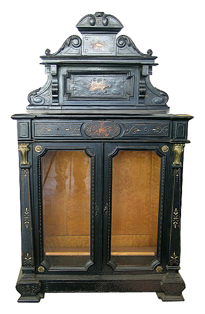 27.1391 Antique Ebonized & Inlaid Cabinet with Glass Doors