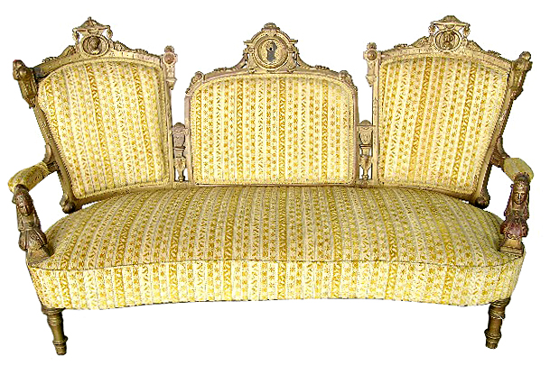 36.1965 19th C. Victorian Walnut Gilt Sofa w/ Carved Ladies Heads by Jelliff