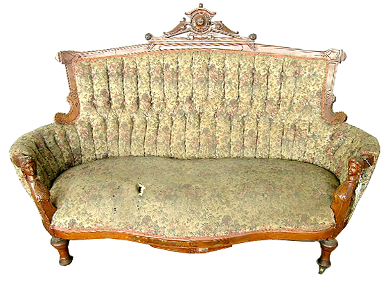 36.2389 19th C. Victorian Walnut Sofa w/ Carved Ladies Heads by Jelliff