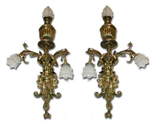 60.4042 Pair of Beautiful Brass Wall Sconces with Figural Cupids