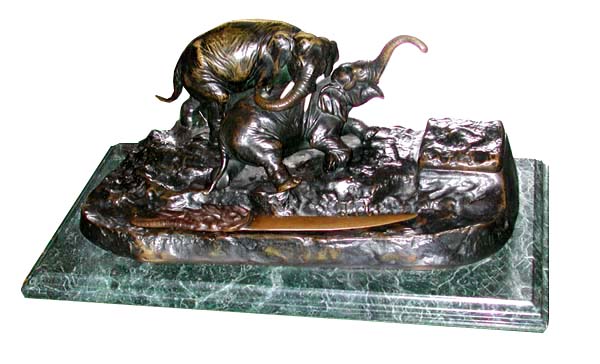 70.4506 Antique Bronze Elephant Inkwell on Verde Green Marble Base