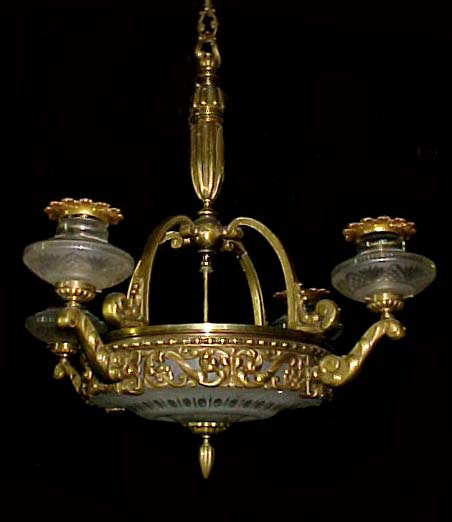 58.4735 Beautiful 19th C. Cast Bronze Center Dome Chandelier with Cut Glass Dome & Shades