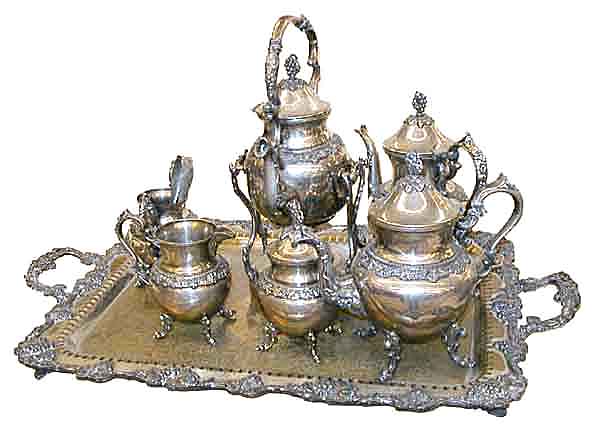 83.5859 Large Victorian 7 pc. Silverplate Tea Set with Detailed Grape Pattern