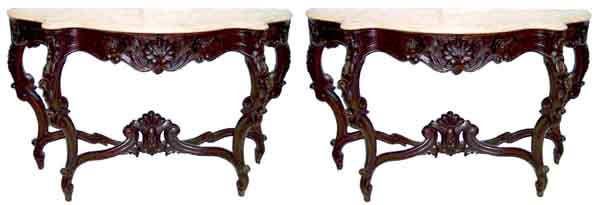 54.5927 Pair of American Victorian Rosewood Rococo Marble Top Pier Tables