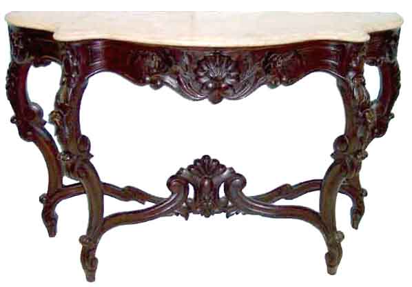 54.5927 Pair of American Victorian Rosewood Rococo Marble Top Pier Tables
