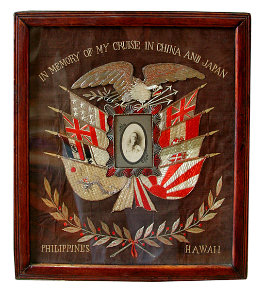 77.5941 Framed Naval Embroidery Memorabilia Circa 1900