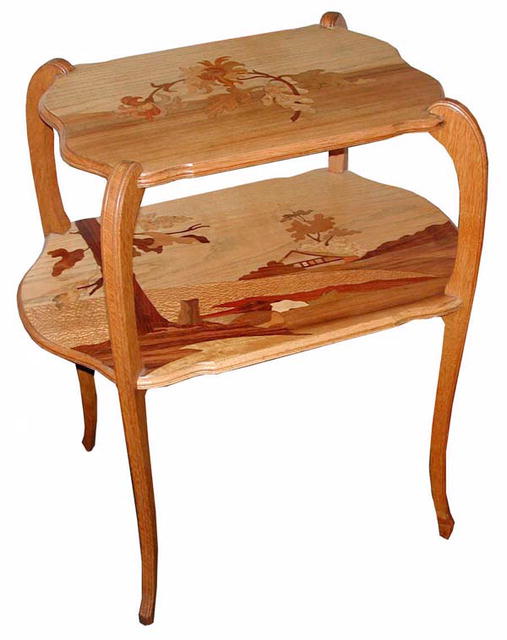 19.1170 Fruitwood Marquetry Two Tier Tea Table c.1900 Attr. to Galle
