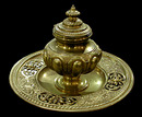 70.3328 Antique Bronze Inkwell with Round Base & Foliate Details