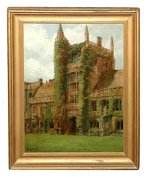 77.6084 Original 19th C. Framed Oil on Canvas of Gothic Building Signed Perry