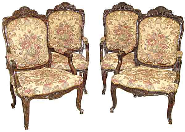 30.6140 Four Carved Walnut Armchairs w/Needlepoint Fabric