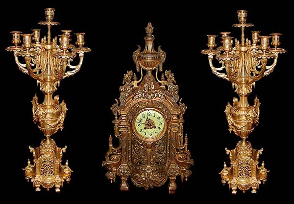 63.6127 Antique 3-Pc. 19th C. French Victorian Gilt Bronze Clock & Candelabra Set