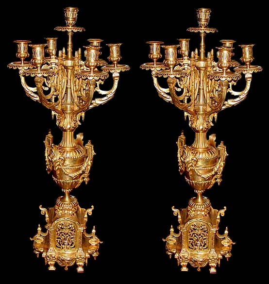 63.6127 Antique 3-Pc. 19th C. French Victorian Gilt Bronze Clock & Candelabra Set
