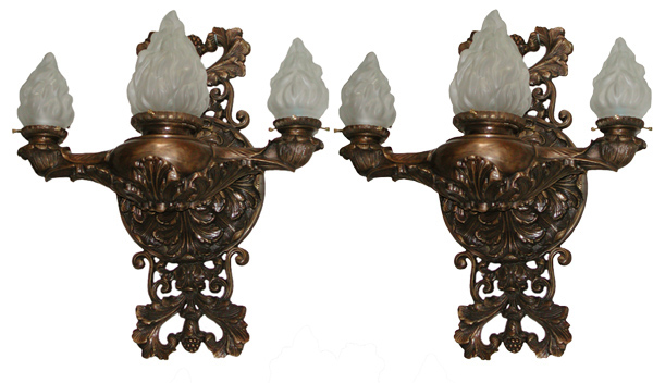 60.4793 Pair of Large Bronze Sconces with Glass Flame Shades