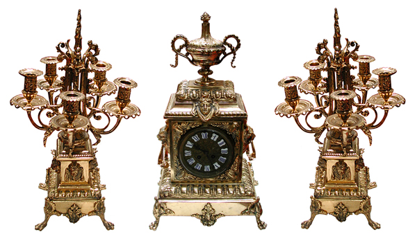 63.6296 19th C. Cast Bronze 3-Pc. Clock Set w/Lions